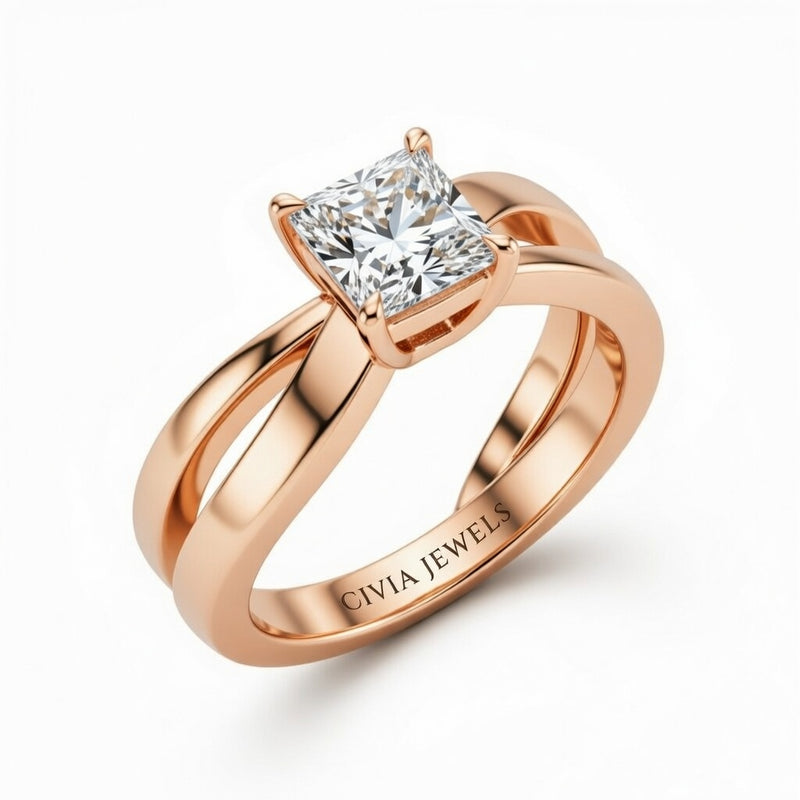Rose Gold Princess Cut Solitaire Engagement Ring With Sculpted Multirow Twist Shank