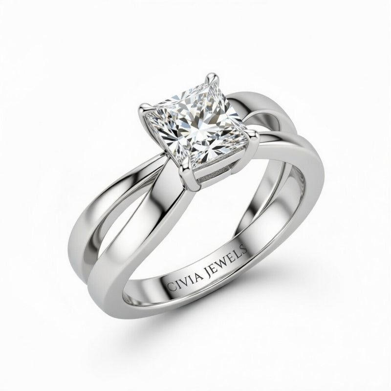 Silver Princess Cut Solitaire Engagement Ring With Sculpted Multirow Twist Shank