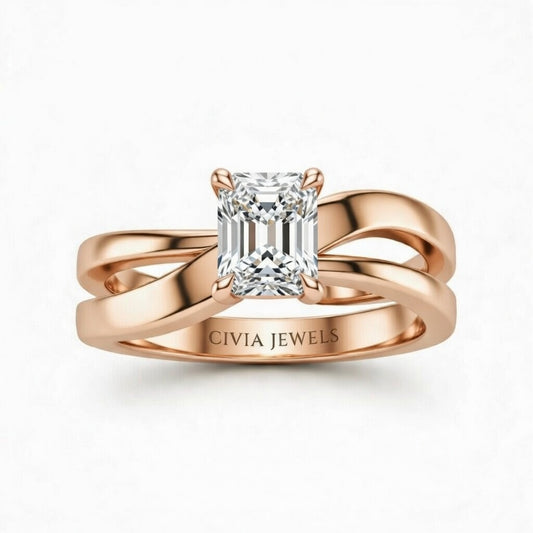 Rose Gold Radiant Cut Solitaire Engagement Ring With Sculpted Multirow Twist Shank