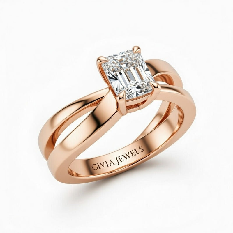 Rose Gold Radiant Cut Solitaire Engagement Ring With Sculpted Multirow Twist Shank