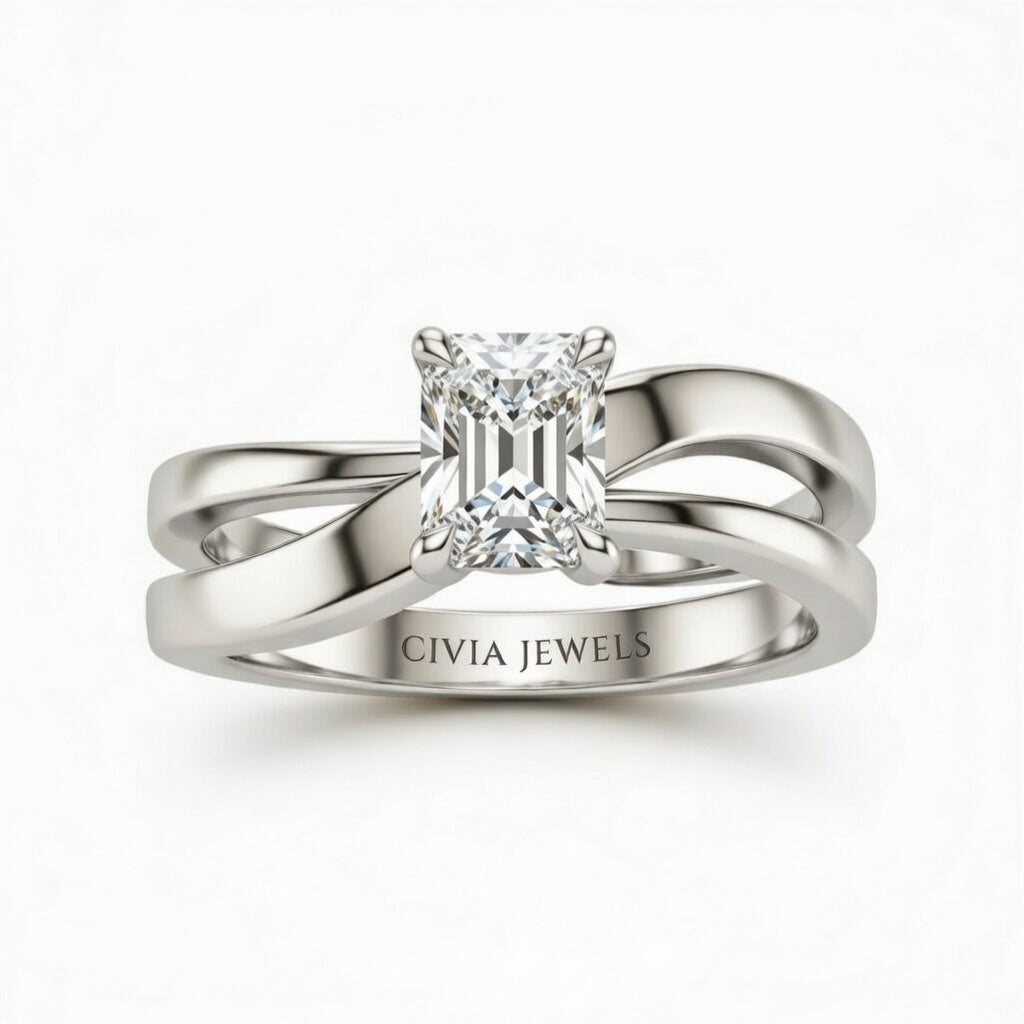 White Gold Radiant Cut Solitaire Engagement Ring With Sculpted Multirow Twist Shank