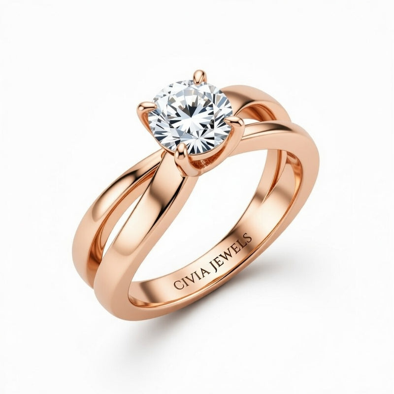 Rose Gold Round Cut Solitaire Engagement Ring With Sculpted Multirow Twist Shank