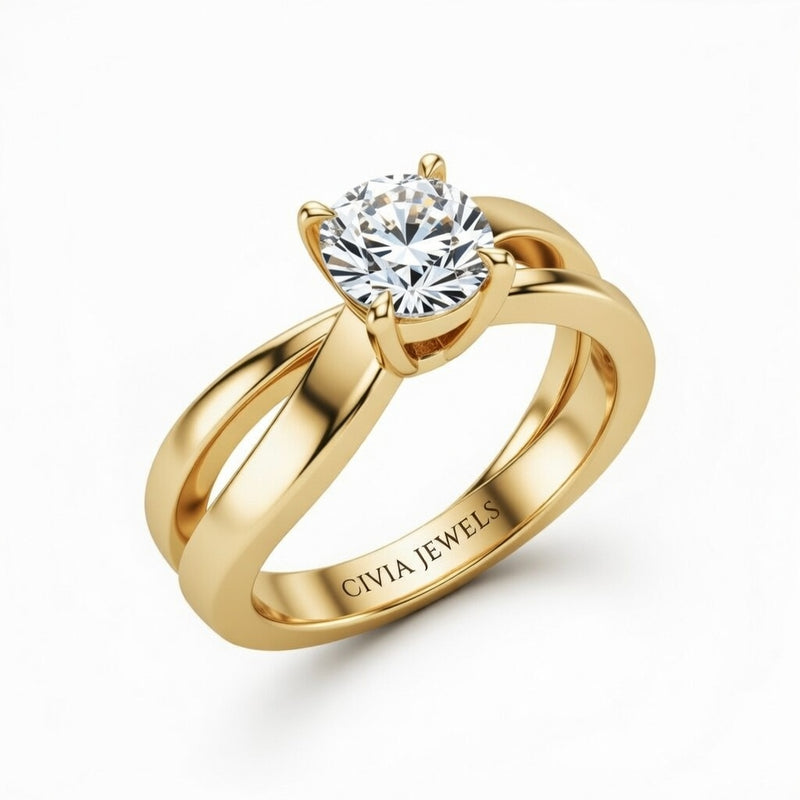Yellow Gold Round Cut Solitaire Engagement Ring With Sculpted Multirow Twist Shank