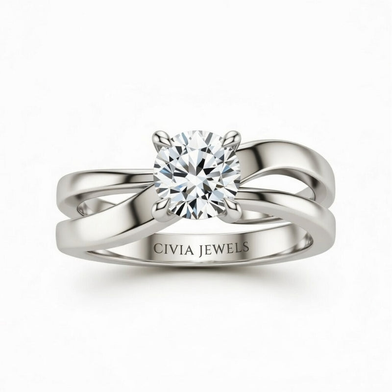 Silver Round Cut Solitaire Engagement Ring With Sculpted Multirow Twist Shank