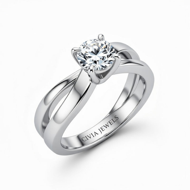 White Gold Round Cut Solitaire Engagement Ring With Sculpted Multirow Twist Shank