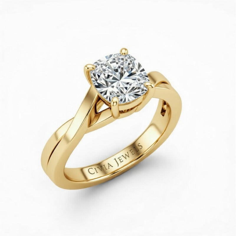 Yellow Gold Cushion Brilliant Solitaire Engagement Ring With Elegant Split Twist Shank