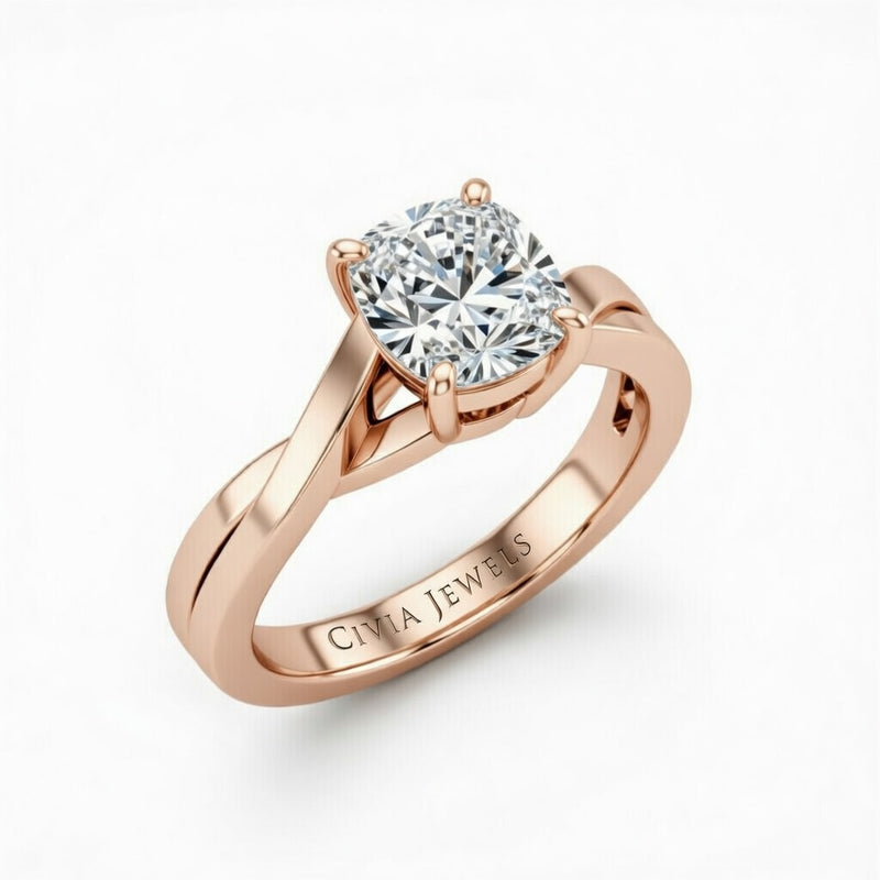 Rose Gold Cushion Brilliant Solitaire Engagement Ring With Elegant Split Twist Shank