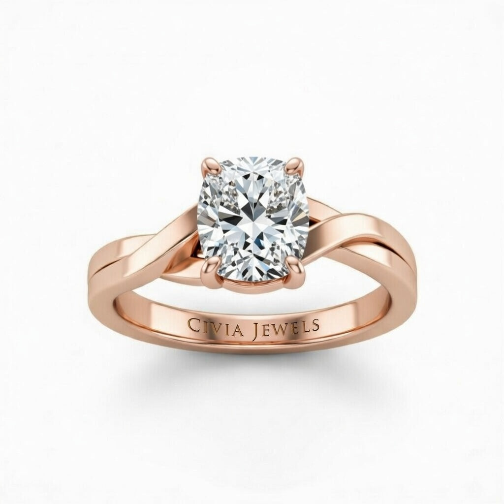 Rose Gold Cushion Brilliant Solitaire Engagement Ring With Elegant Split Twist Shank