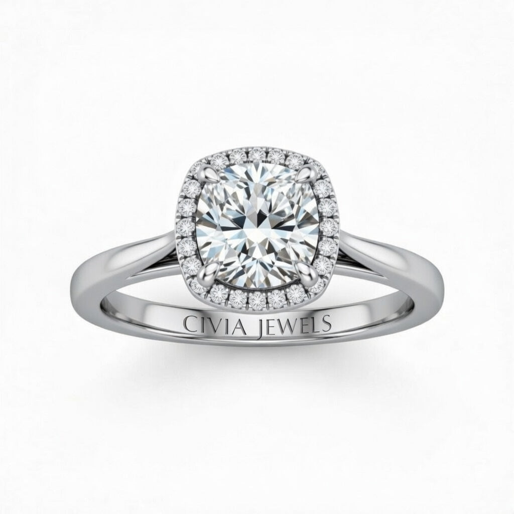 White Gold Cushion Cut Halo Engagement Ring With Classic Four Prong Setting And Slim Band