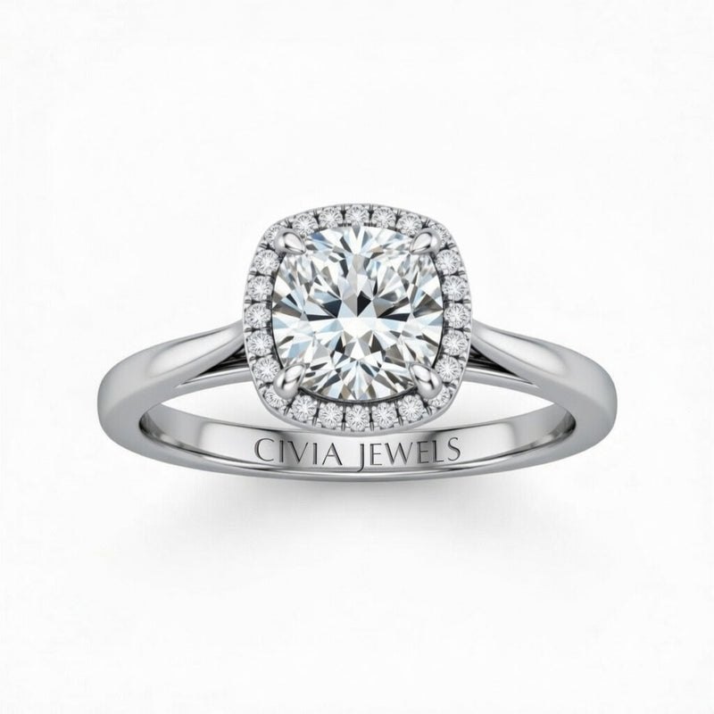Silver Cushion Cut Halo Engagement Ring With Classic Four Prong Setting And Slim Band