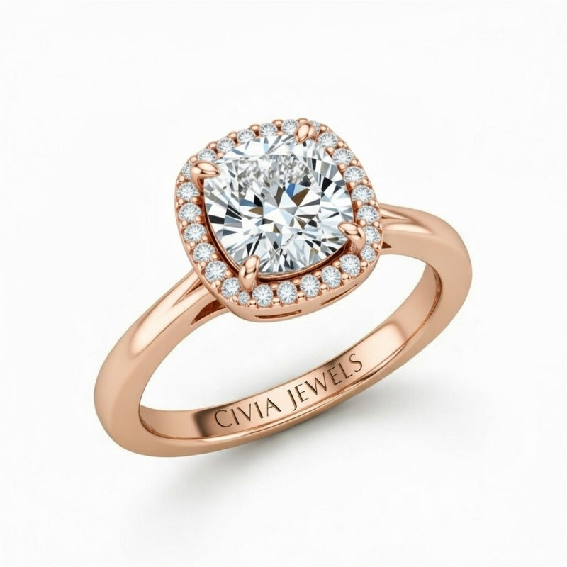 Rose Gold Cushion Cut Halo Engagement Ring With Classic Four Prong Setting And Slim Band