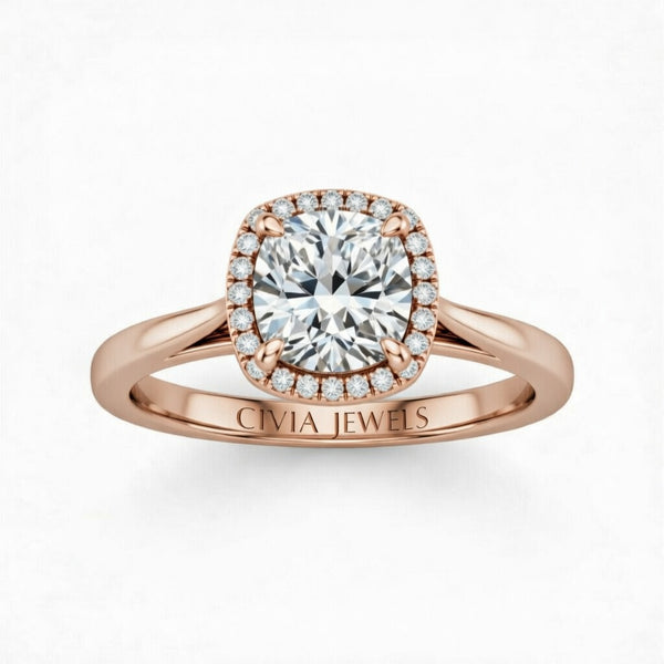 Rose Gold Cushion Cut Halo Engagement Ring With Classic Four Prong Setting And Slim Band