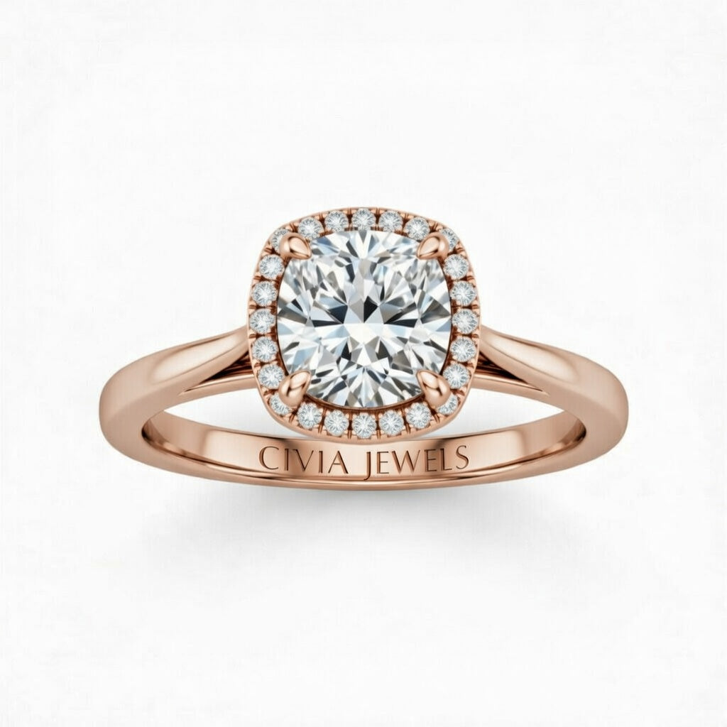 Rose Gold Cushion Cut Halo Engagement Ring With Classic Four Prong Setting And Slim Band