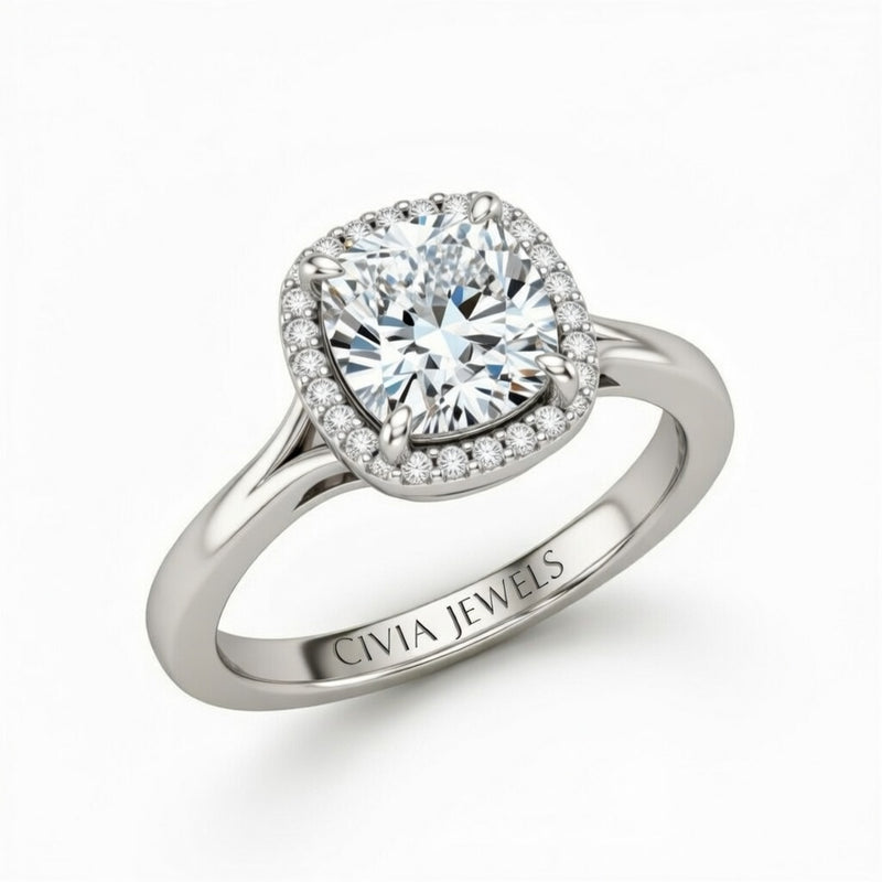 Silver Cushion Cut Halo Engagement Ring With Classic Four Prong Setting And Slim Band