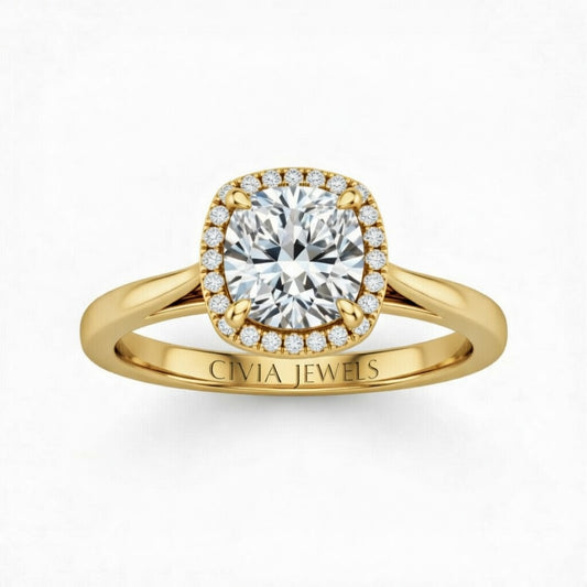 Yellow Gold Cushion Cut Halo Engagement Ring With Classic Four Prong Setting And Slim Band