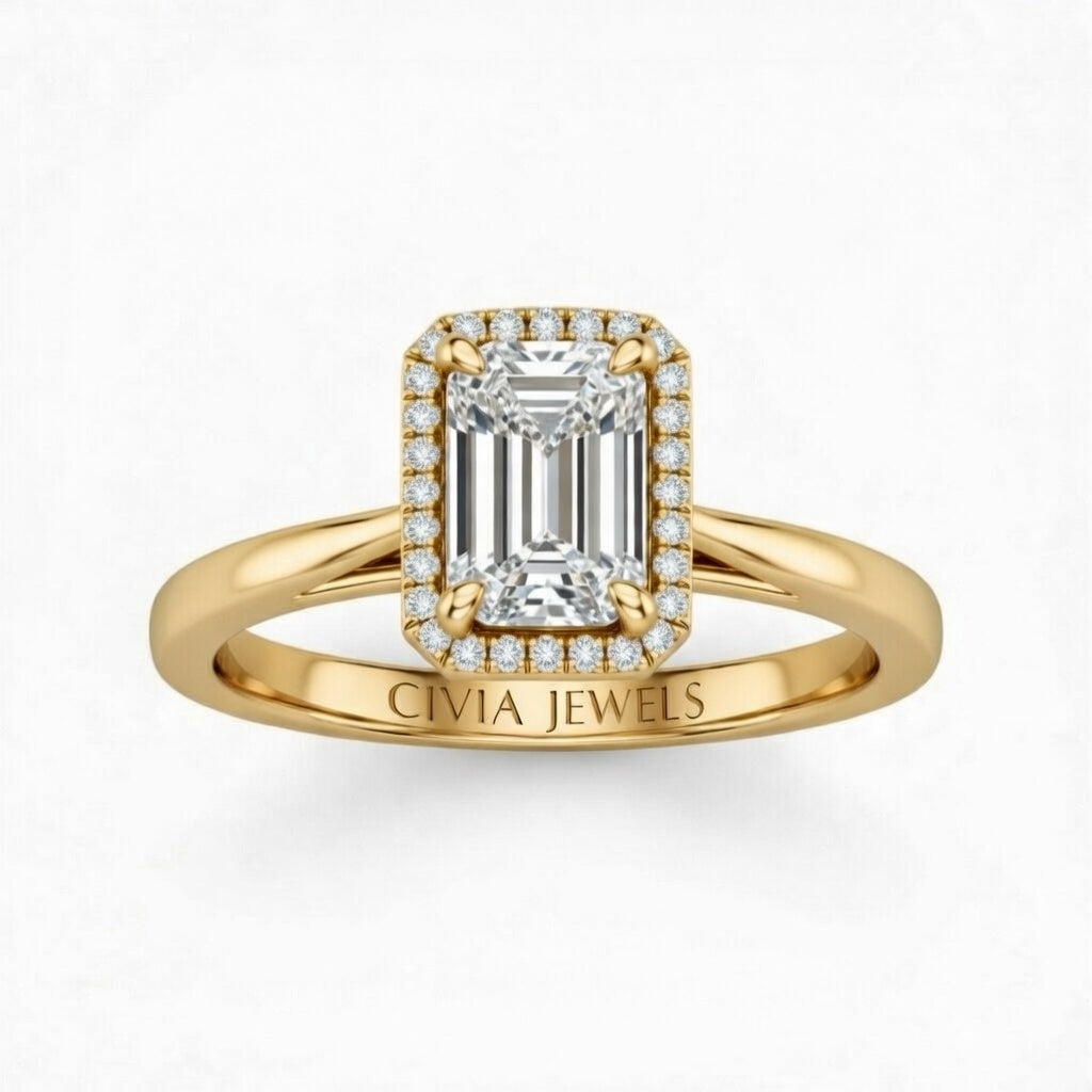 Yellow Gold Emerald Cut Halo Engagement Ring With Classic Four Prong Setting And Slim Band