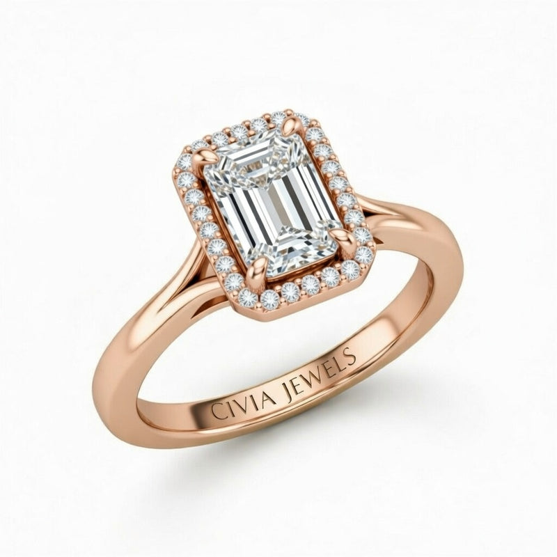 Rose Gold Emerald Cut Halo Engagement Ring With Classic Four Prong Setting And Slim Band