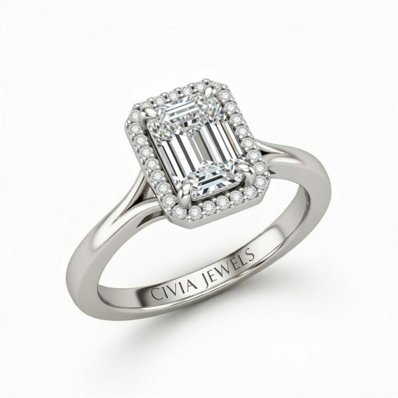 Silver Emerald Cut Halo Engagement Ring With Classic Four Prong Setting And Slim Band