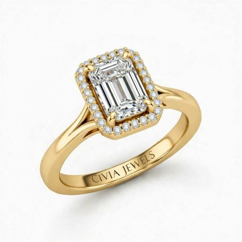 Yellow Gold Emerald Cut Halo Engagement Ring With Classic Four Prong Setting And Slim Band