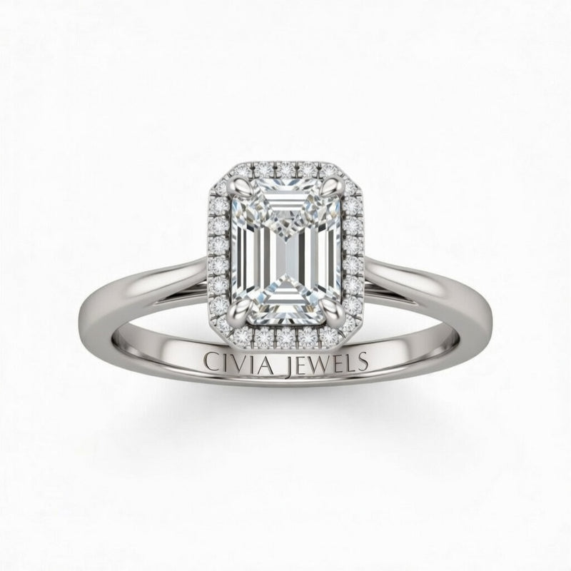 White Gold Emerald Cut Halo Engagement Ring With Classic Four Prong Setting And Slim Band