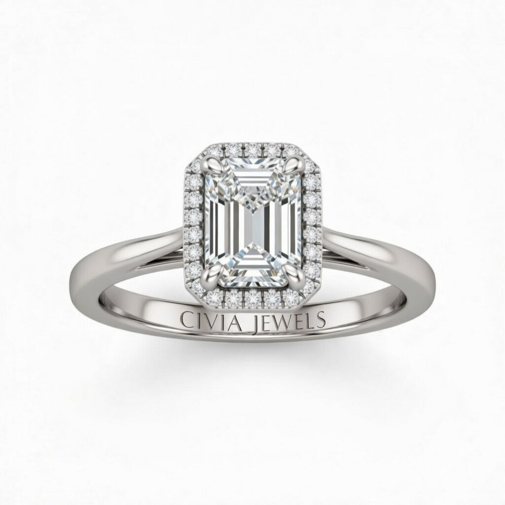 White Gold Emerald Cut Halo Engagement Ring With Classic Four Prong Setting And Slim Band