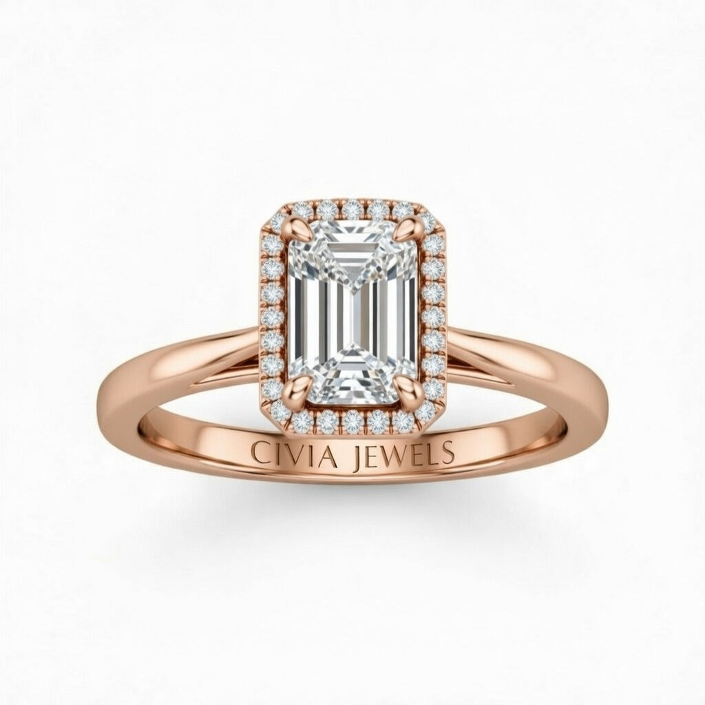 Rose Gold Emerald Cut Halo Engagement Ring With Classic Four Prong Setting And Slim Band