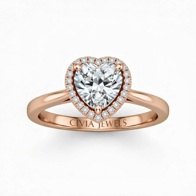 Rose Gold Heart Cut Halo Engagement Ring With Classic Four Prong Setting And Slim Band