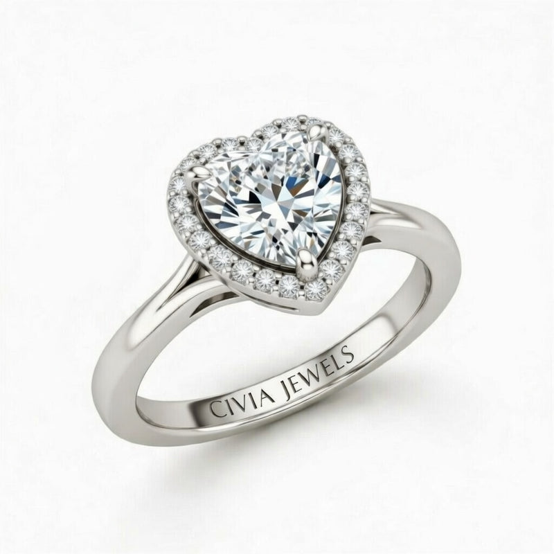 Silver Heart Cut Halo Engagement Ring With Classic Four Prong Setting And Slim Band