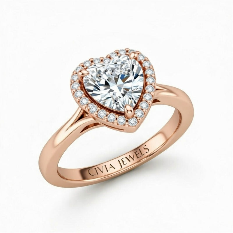Rose Gold Heart Cut Halo Engagement Ring With Classic Four Prong Setting And Slim Band