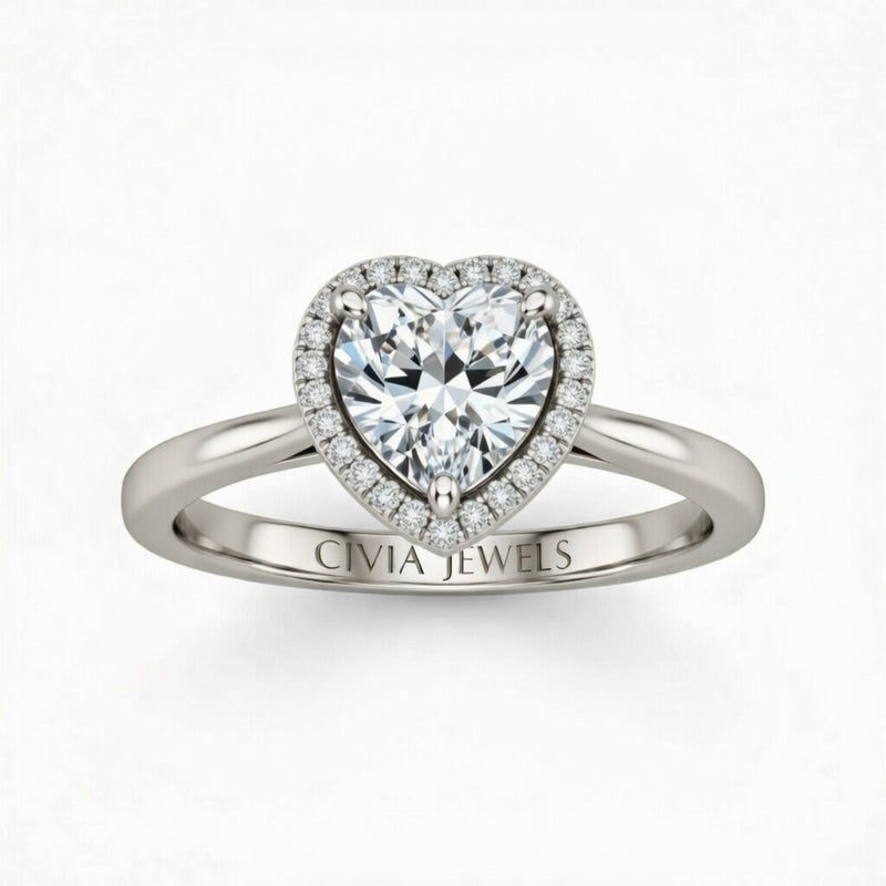 White Gold Heart Cut Halo Engagement Ring With Classic Four Prong Setting And Slim Band