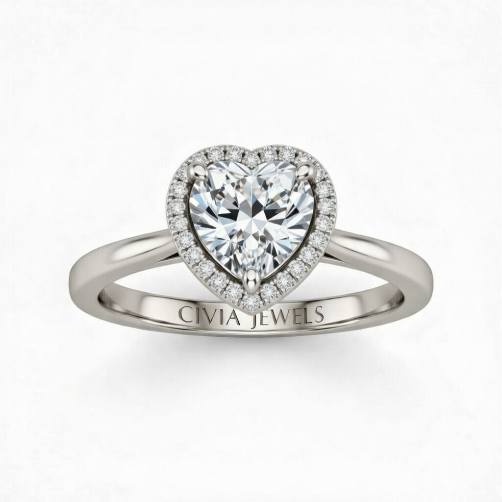White Gold Heart Cut Halo Engagement Ring With Classic Four Prong Setting And Slim Band