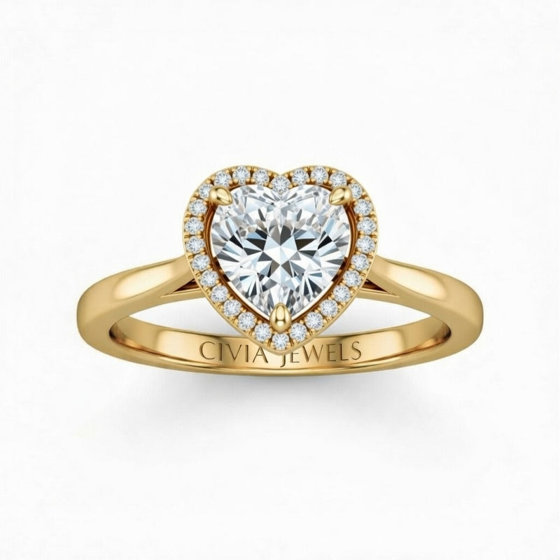 Yellow Gold Heart Cut Halo Engagement Ring With Classic Four Prong Setting And Slim Band