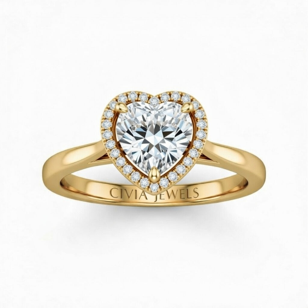Yellow Gold Heart Cut Halo Engagement Ring With Classic Four Prong Setting And Slim Band