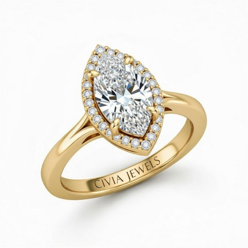 Yellow Gold Marquise Cut Halo Engagement Ring With Classic Four Prong Setting And Slim Band