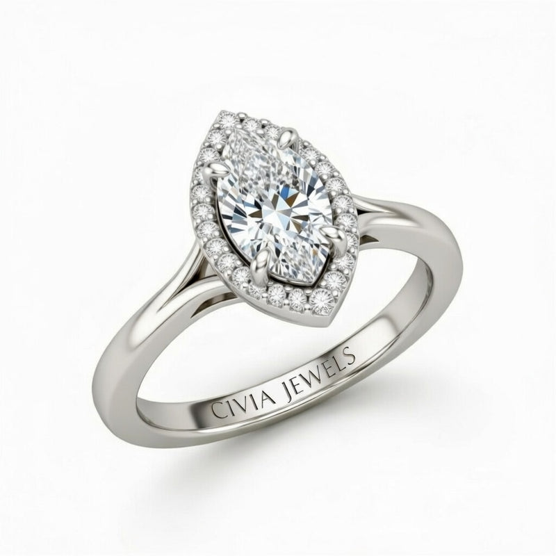 White Gold Marquise Cut Halo Engagement Ring With Classic Four Prong Setting And Slim Band