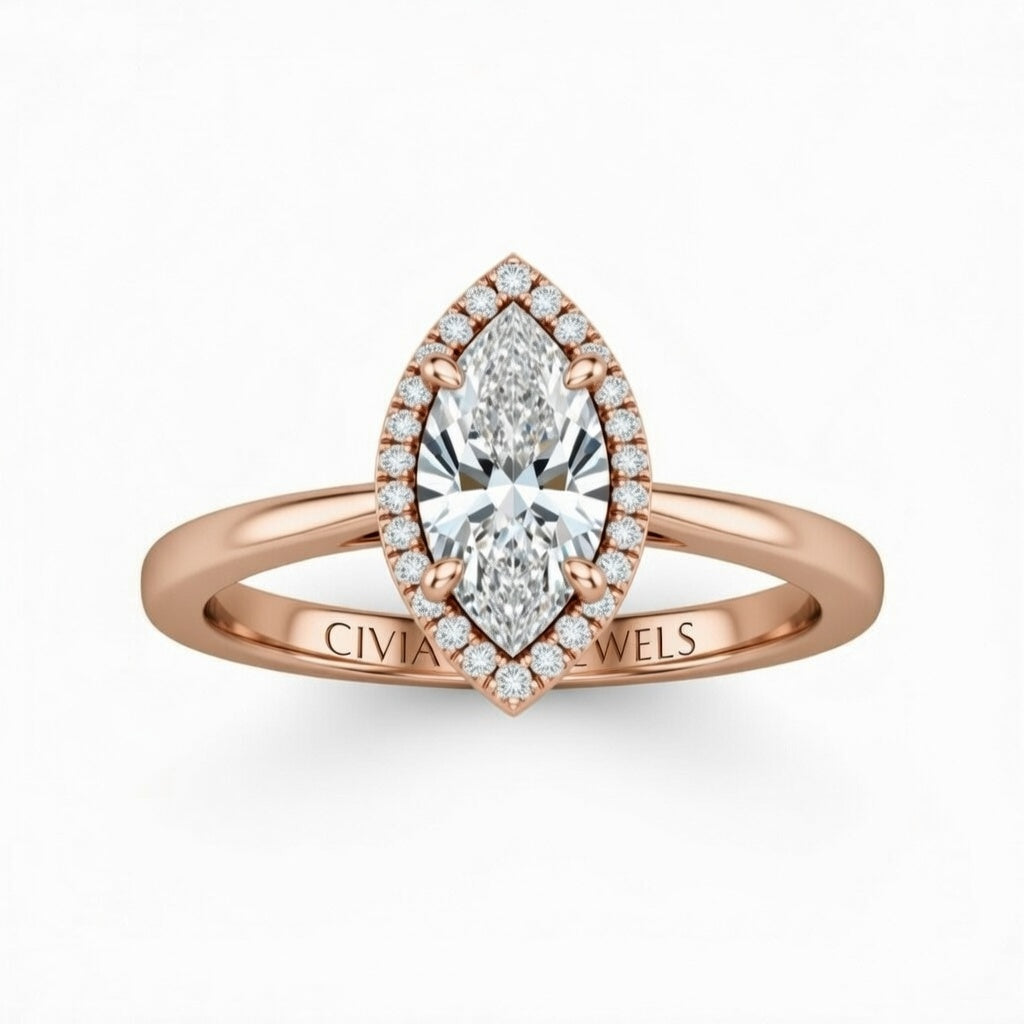 Rose Gold Marquise Cut Halo Engagement Ring With Classic Four Prong Setting And Slim Band