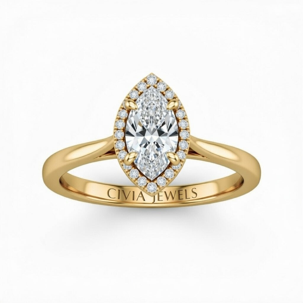 Yellow Gold Marquise Cut Halo Engagement Ring With Classic Four Prong Setting And Slim Band