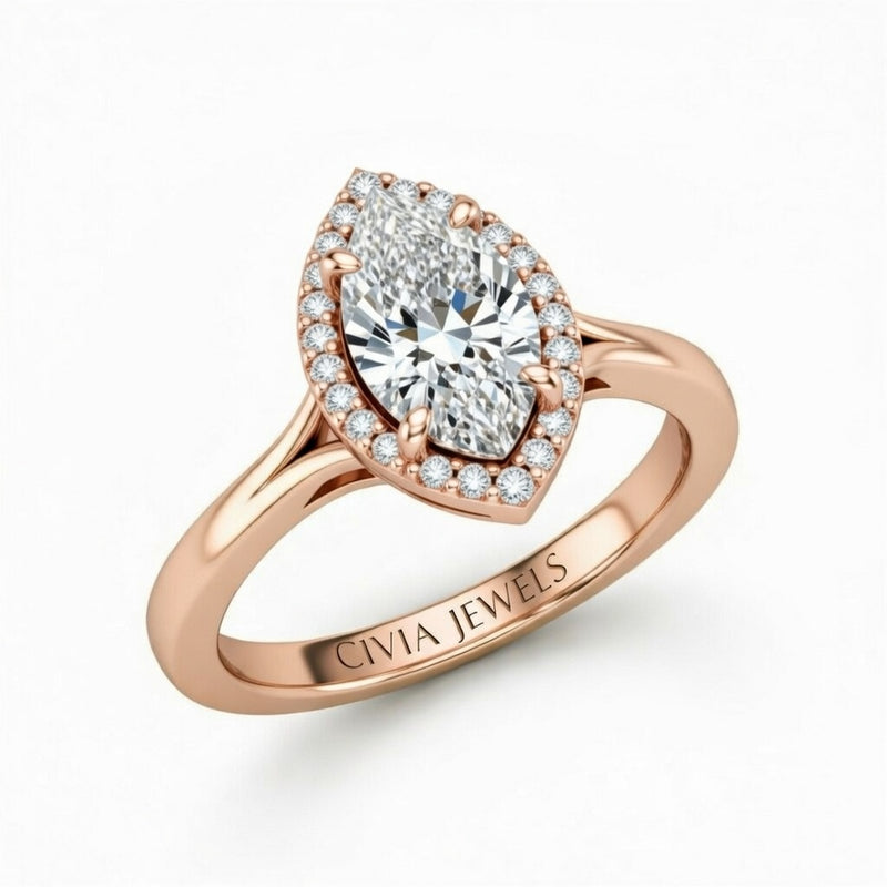 Rose Gold Marquise Cut Halo Engagement Ring With Classic Four Prong Setting And Slim Band