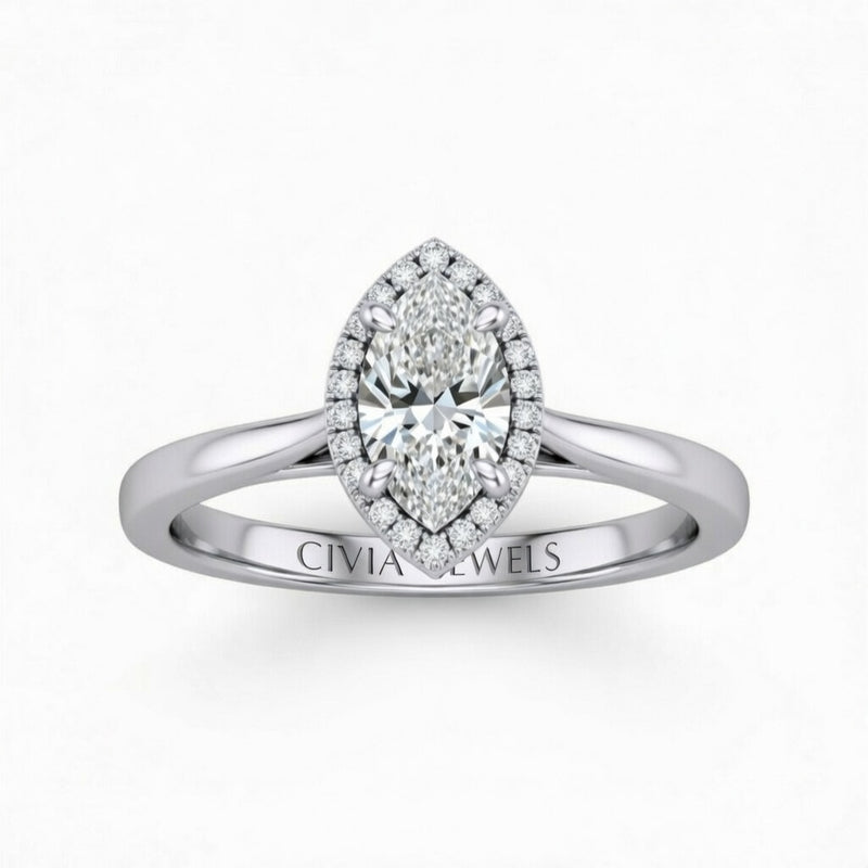 White Gold Marquise Cut Halo Engagement Ring With Classic Four Prong Setting And Slim Band