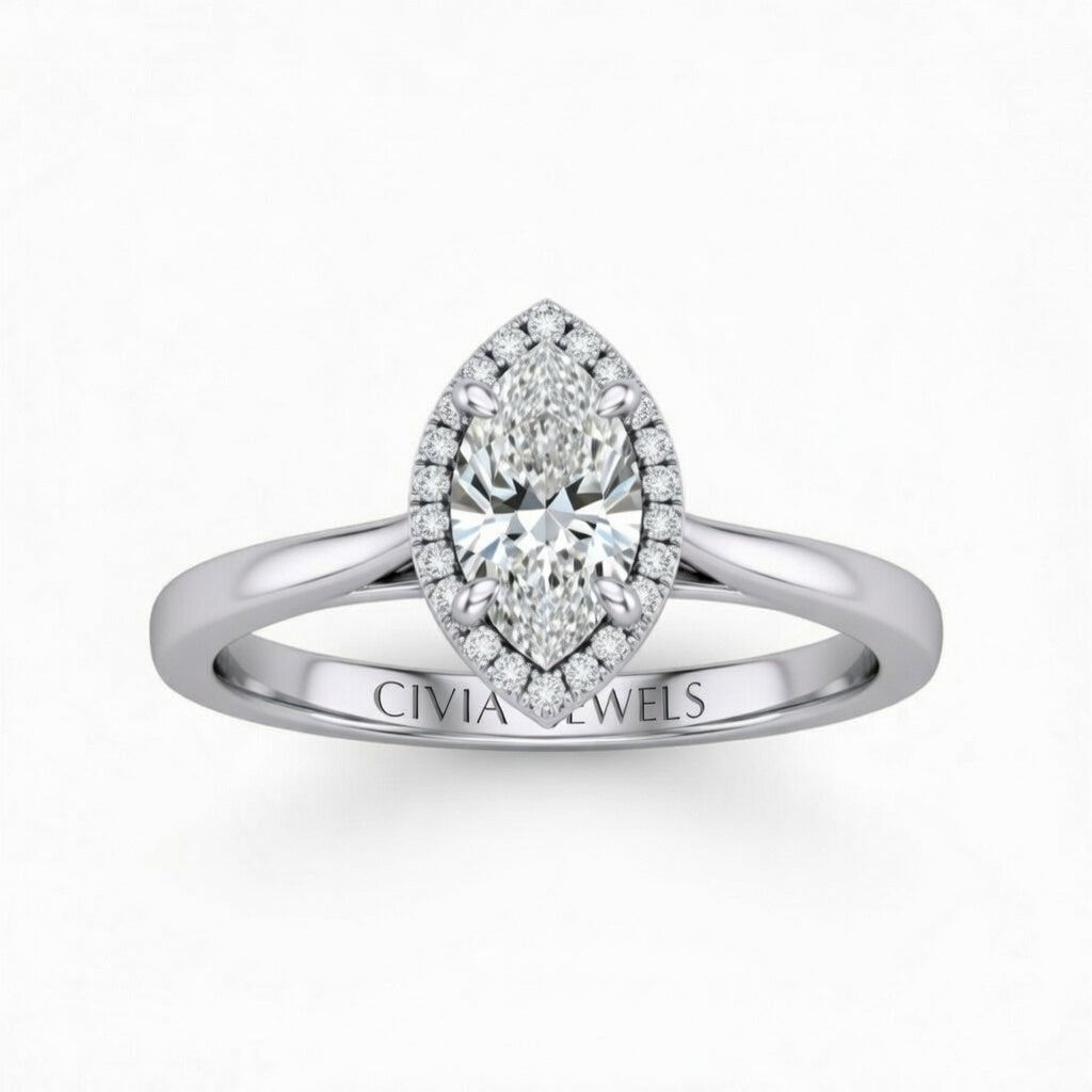 White Gold Marquise Cut Halo Engagement Ring With Classic Four Prong Setting And Slim Band