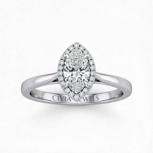 White Gold Marquise Cut Halo Engagement Ring With Classic Four Prong Setting And Slim Band