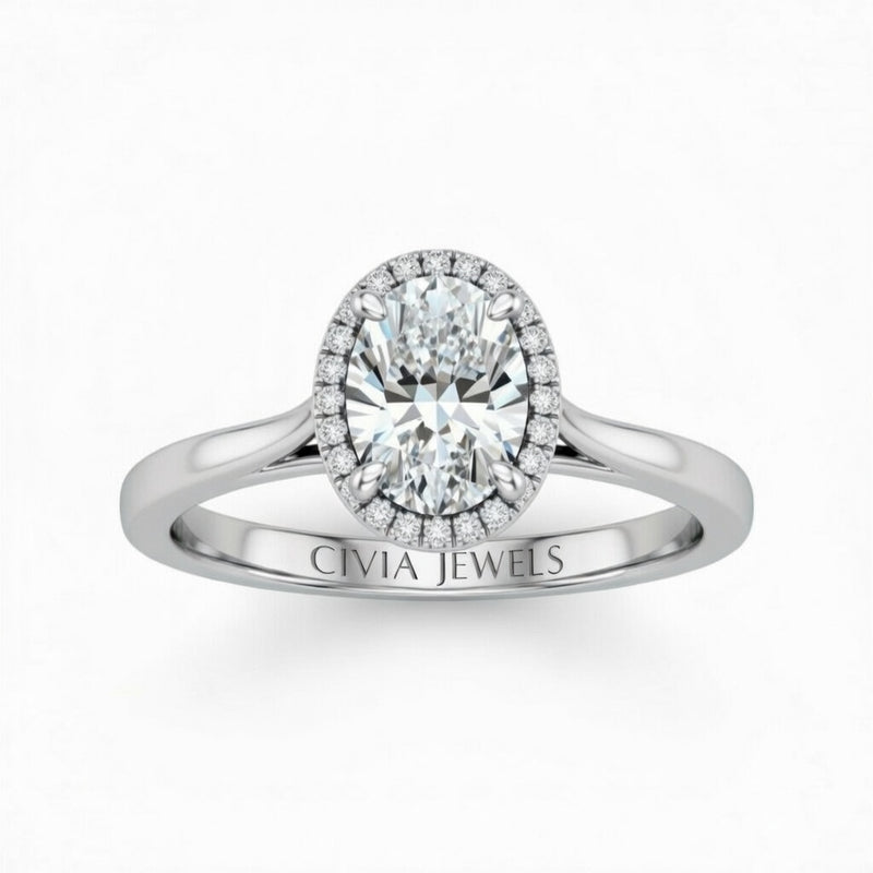 Silver Oval Cut Halo Engagement Ring With Classic Four Prong Setting And Slim Band