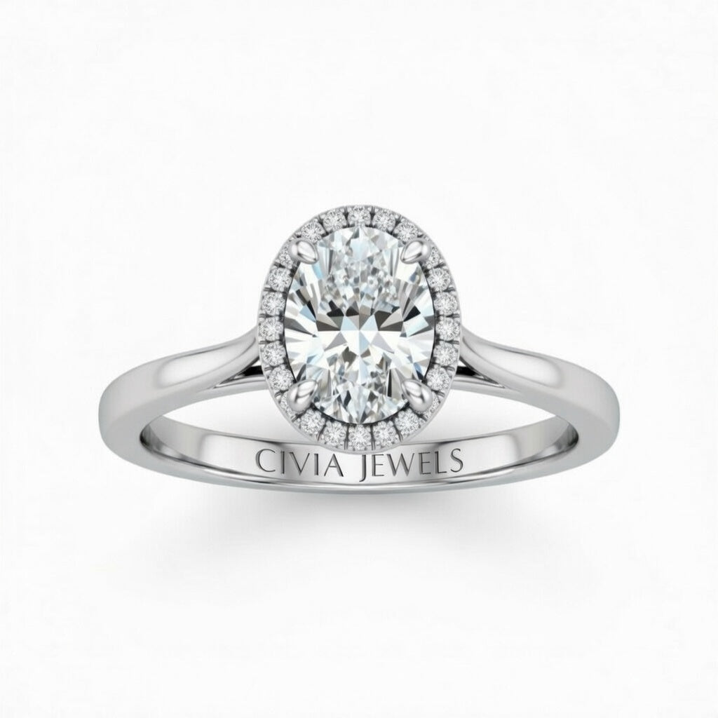 Silver Oval Cut Halo Engagement Ring With Classic Four Prong Setting And Slim Band