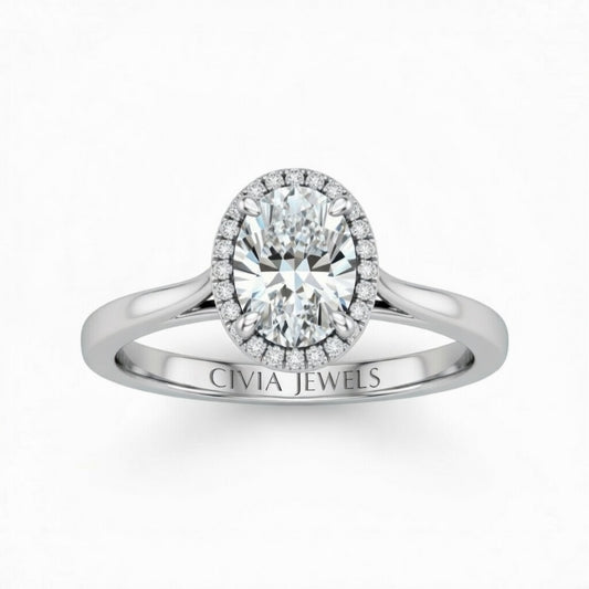 Silver Oval Cut Halo Engagement Ring With Classic Four Prong Setting And Slim Band