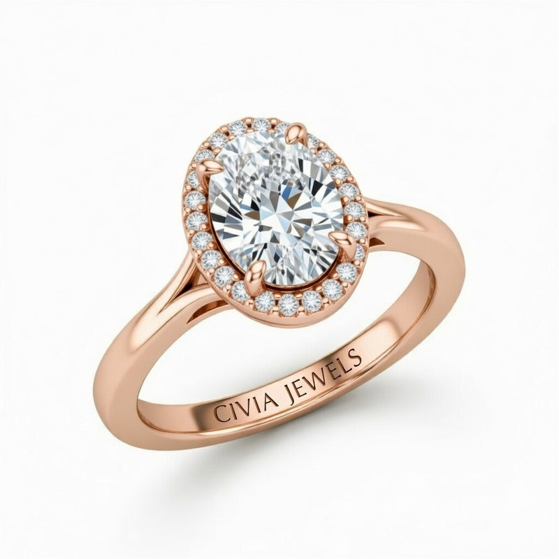 Rose Gold Oval Cut Halo Engagement Ring With Classic Four Prong Setting And Slim Band