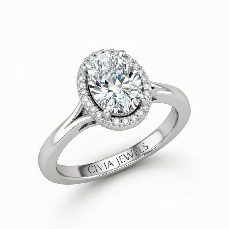 Silver Oval Cut Halo Engagement Ring With Classic Four Prong Setting And Slim Band