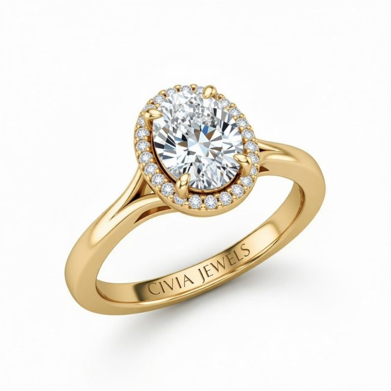Yellow Gold Oval Cut Halo Engagement Ring With Classic Four Prong Setting And Slim Band