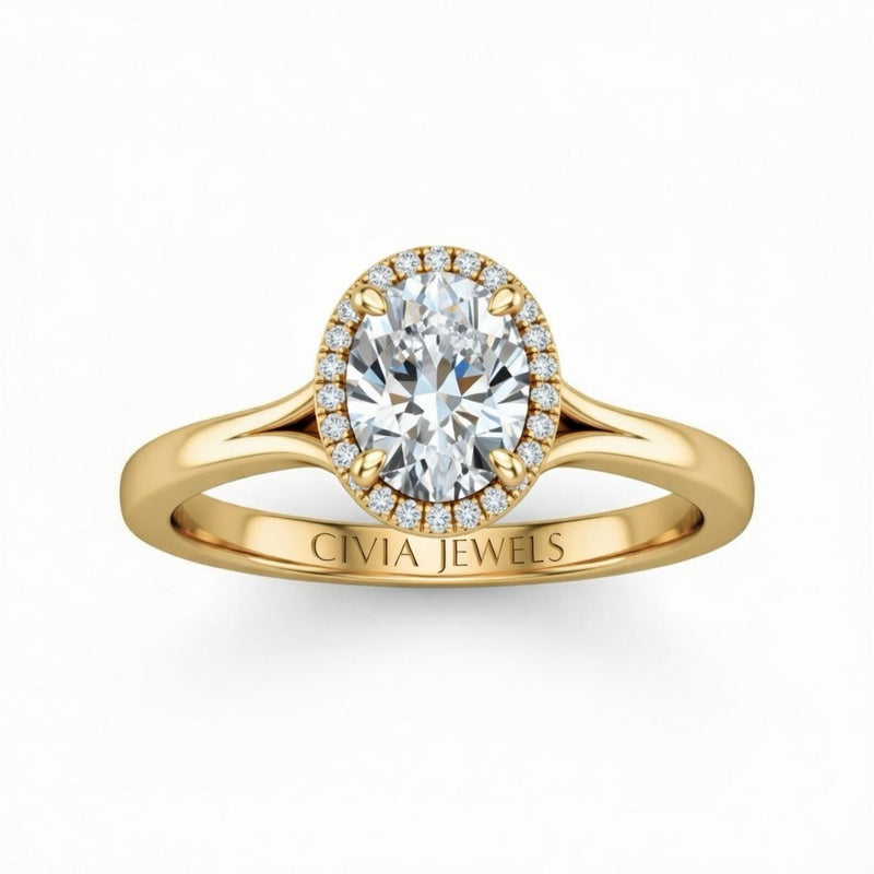 Yellow Gold Oval Cut Halo Engagement Ring With Classic Four Prong Setting And Slim Band