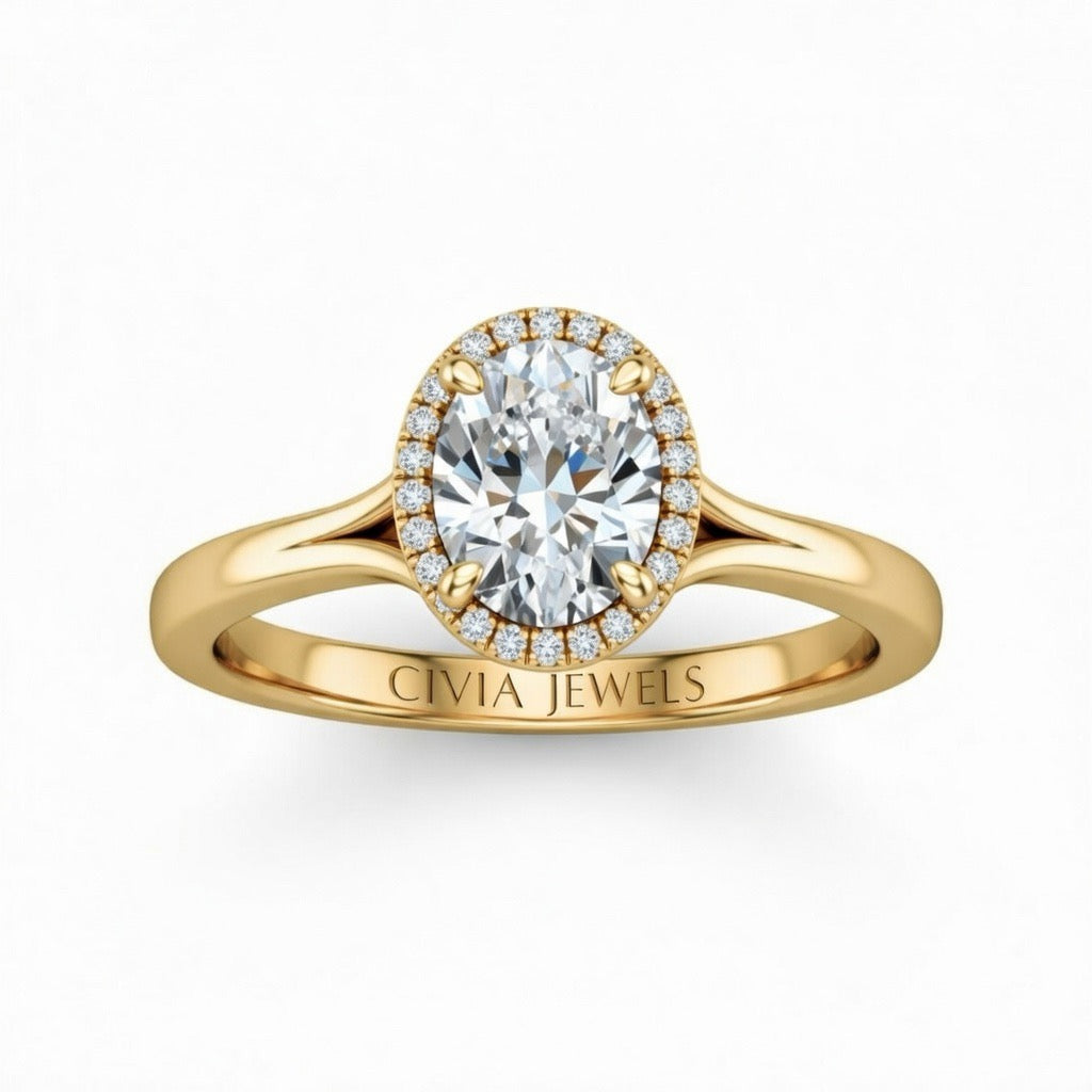 Yellow Gold Oval Cut Halo Engagement Ring With Classic Four Prong Setting And Slim Band
