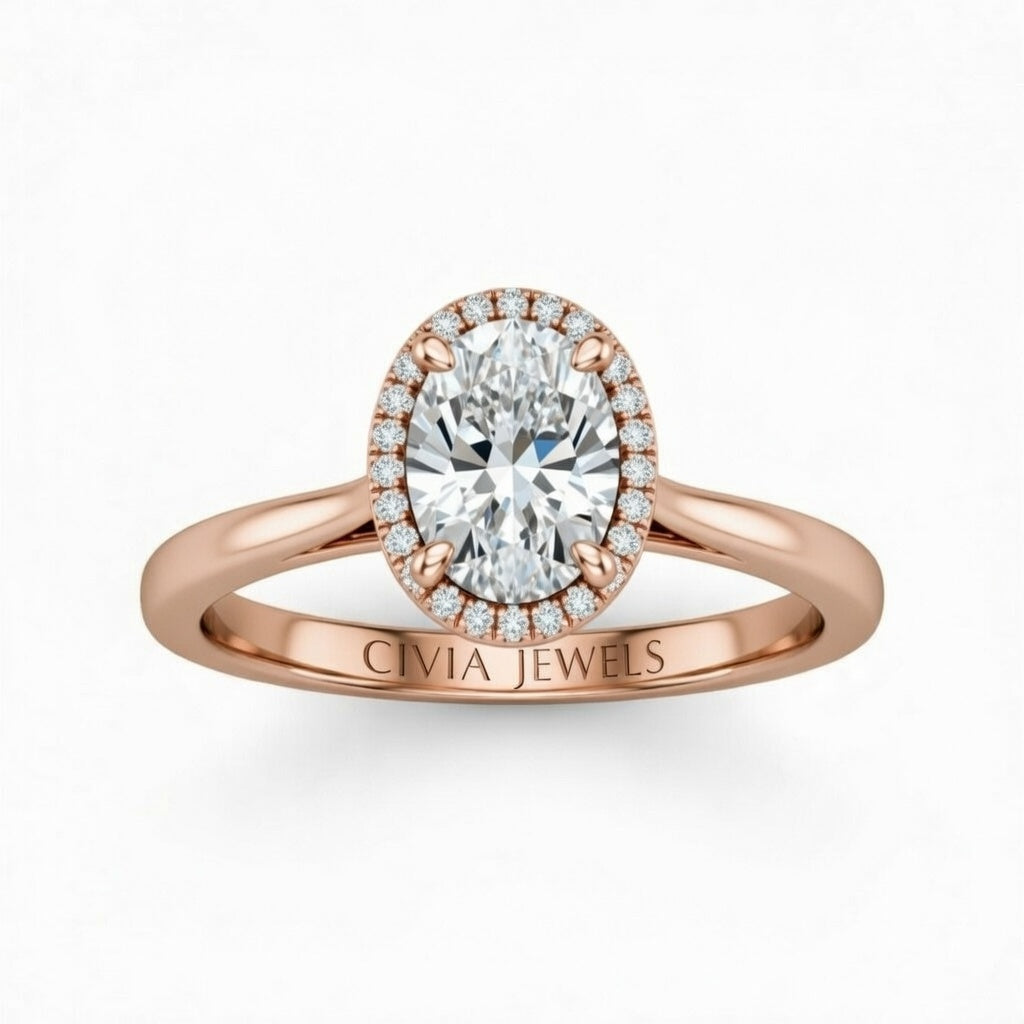 Rose Gold Oval Cut Halo Engagement Ring With Classic Four Prong Setting And Slim Band